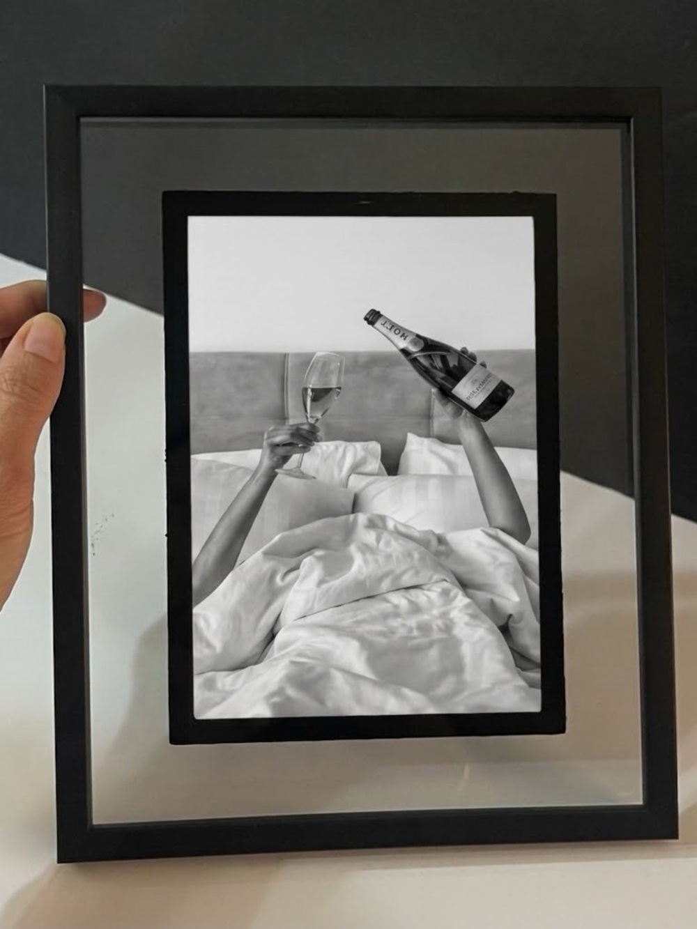 Framed Woman Drinking MOËT Champagne In Bed matte paper Print, Black And White
